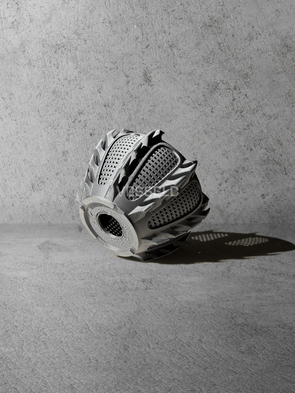 Vesseld.com 3D Printed Short Planter with textured design on a gray surface